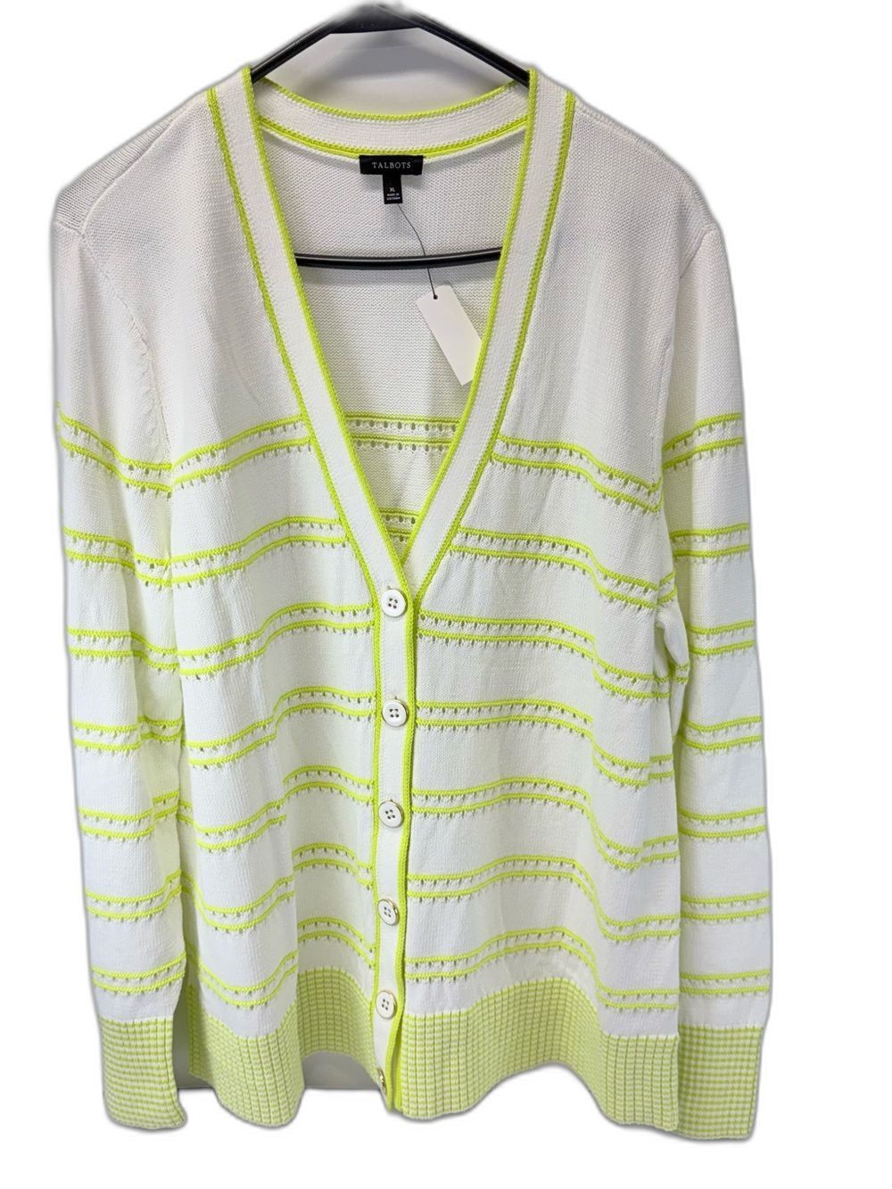 Talbots Women's XL Cardigan Striped White Lime Green Button Front